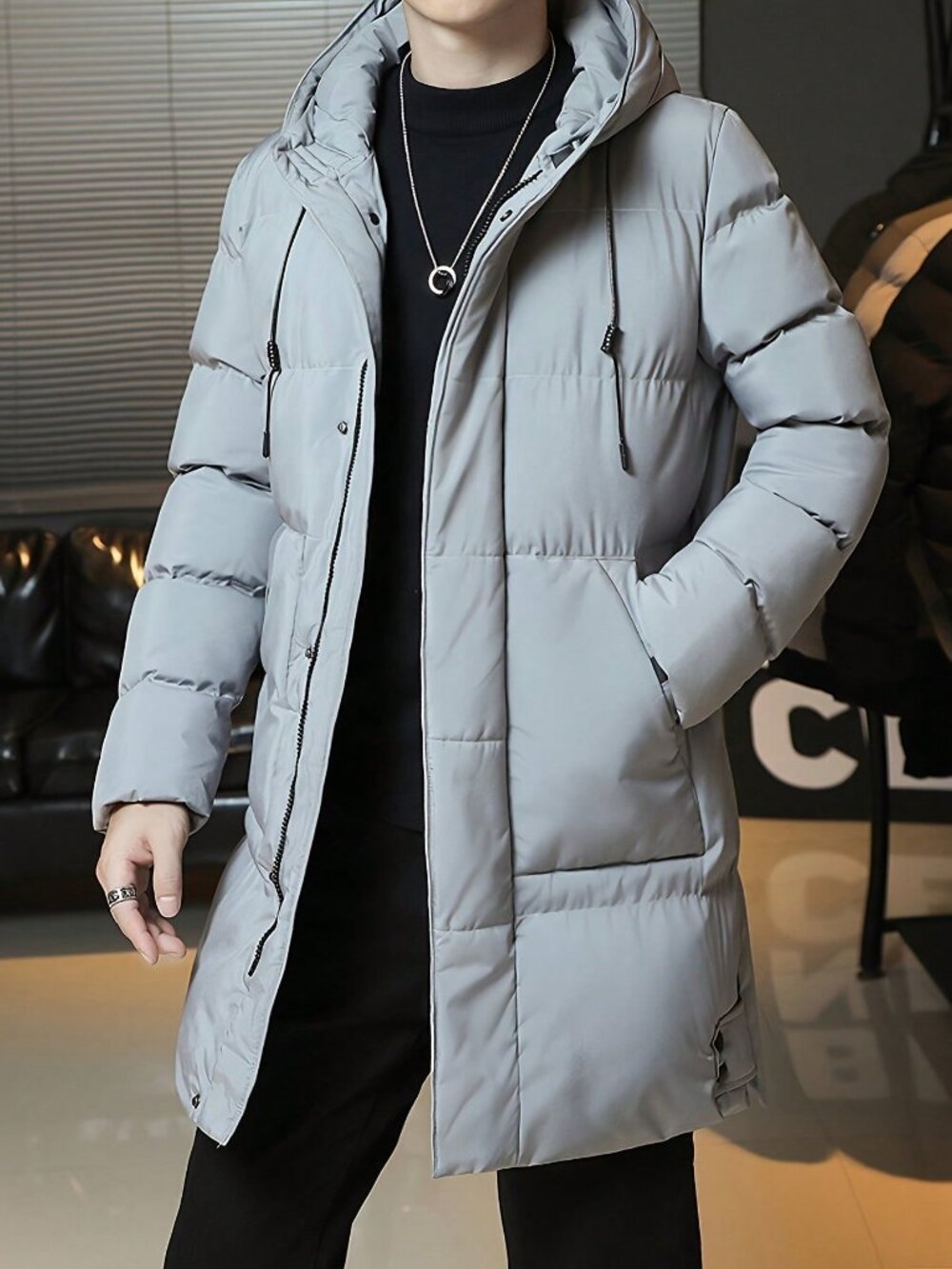 Grey Men's Casual Long Sleeve Warm hoodie puffer Coat